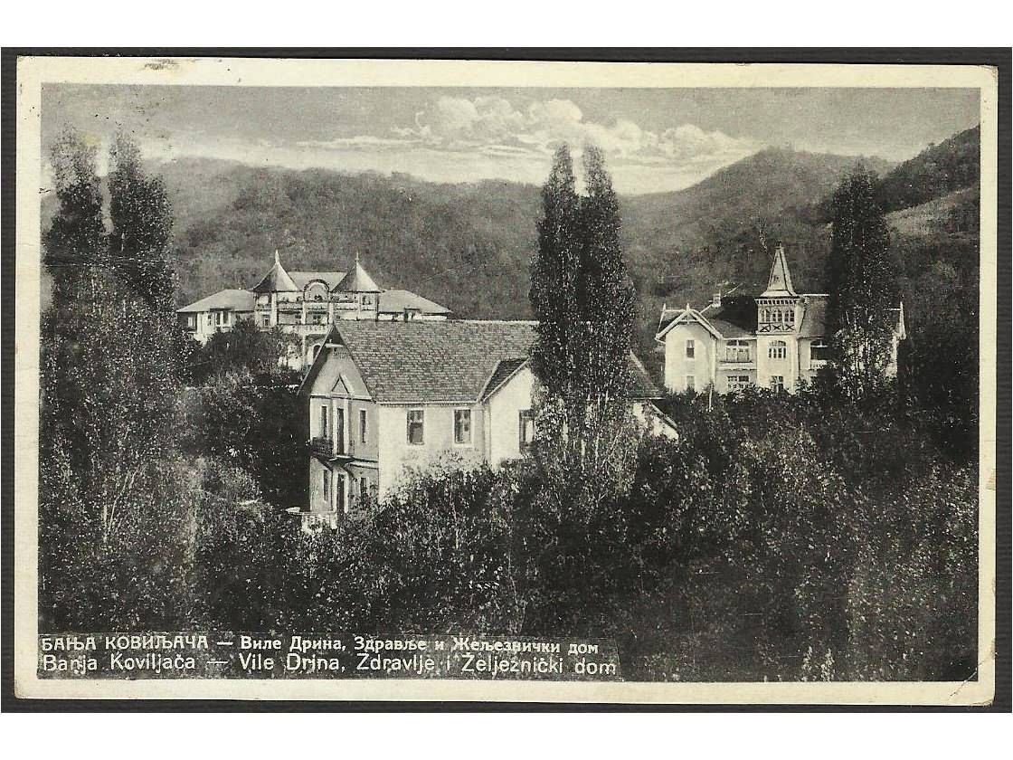 Stara razglednica vila Drina, Zdravlje i Železničkog doma među drvećem