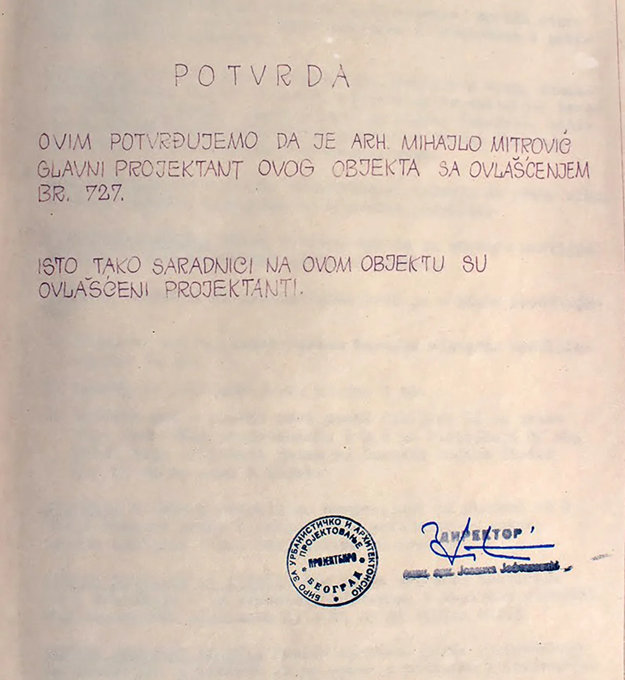 Potvrda Projektbiroa da je arhitekta Mihajlo Mitrović glavni projektant objekta