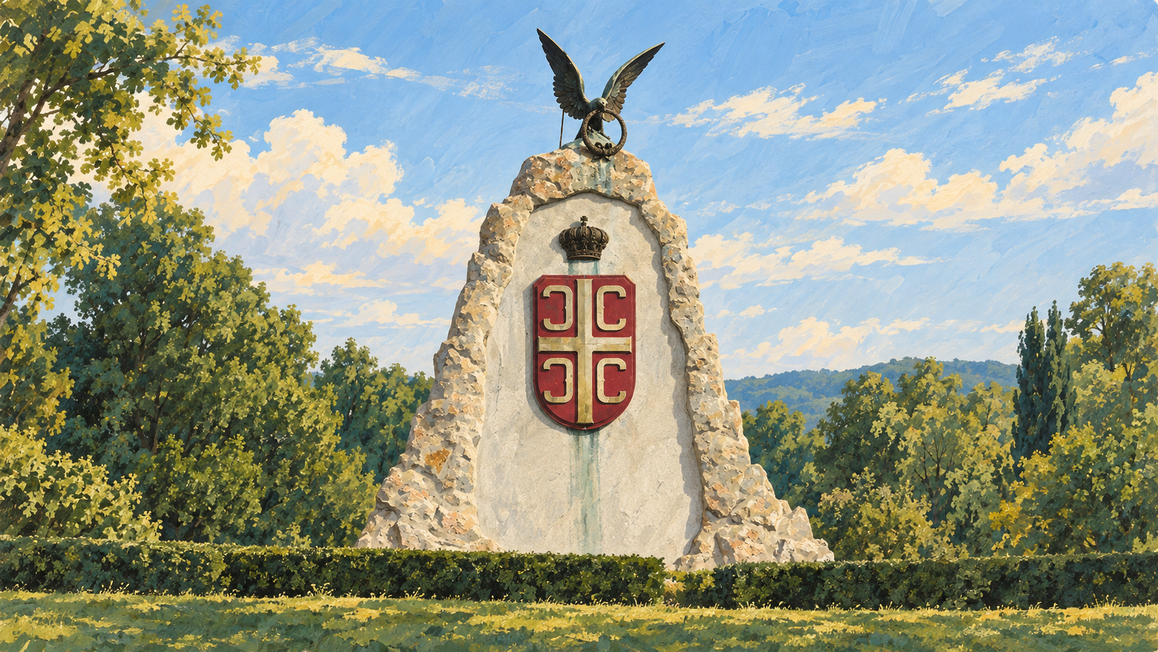 AI ilustracija spomenika u Tekerišu sa orlom raširenih krila i crvenim štitom.