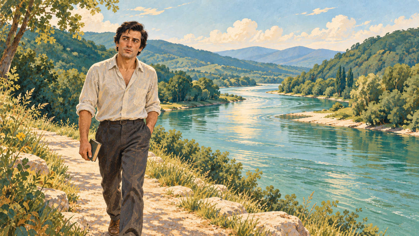 Ilustracija Roberta de Nira sa knjigom u ruci na stazi pored reke.