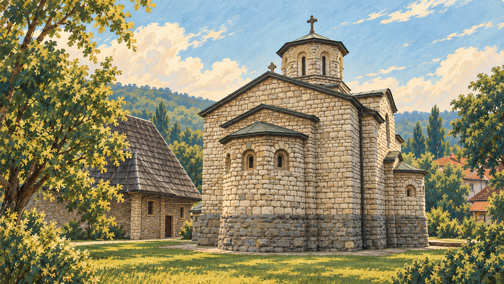 AI ilustracija kamene spomen-crkve u Krupnju sa okolnim zelenilom.