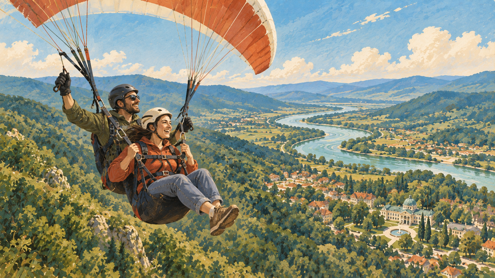 Tandem paraglajder leti iznad zelenih obronaka i rečne doline.