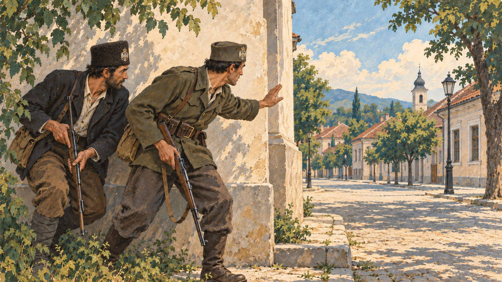 Ilustracija dvojice četnika sa kraljevskim kokardama na šubari i šajkači, sa spuštenim puškama uz ugao kuće