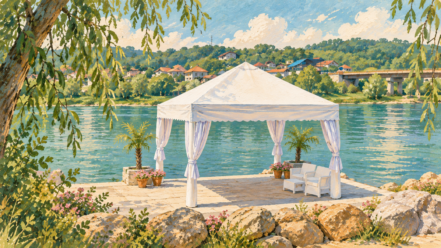 Ilustracija belog paviljona u bašti Vile Nešić, uz Drinu i vrbine grane.