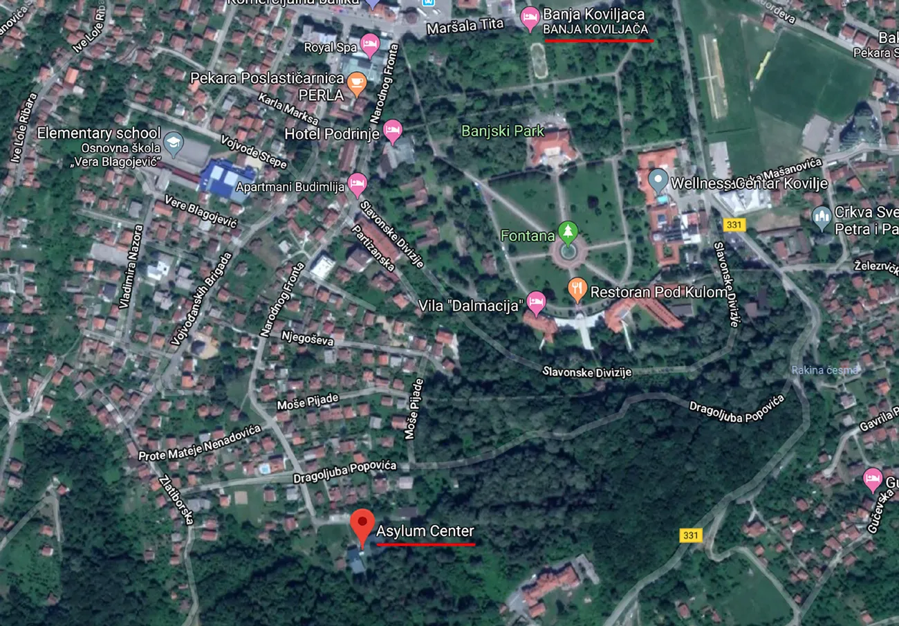 Satelitski prikaz Banje Koviljače sa označenim položajem Centra za azil južno od banjskog parka