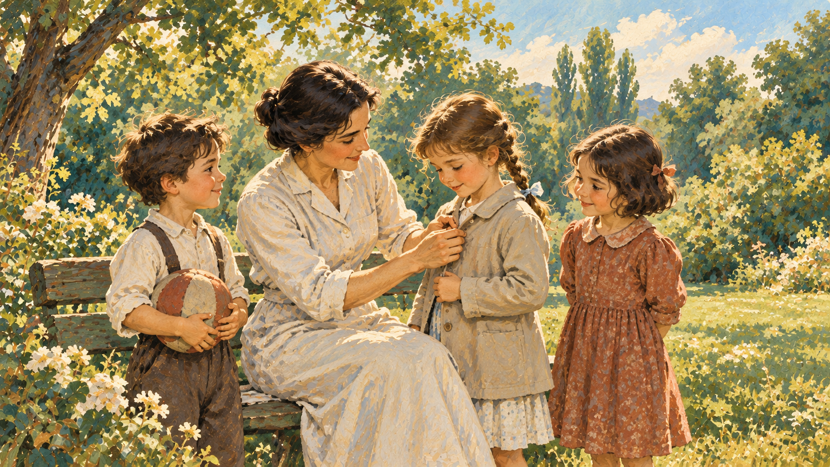 Ilustracija negovateljice koja u vrtu zakopčava kaput devojčici, dok uz njih stoje još dvoje dece.